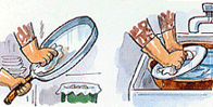 설거지를 할 때 기름기 묻은 그릇은 휴지로 닦아낸 후 세척하고 물을 받아서 합시다.