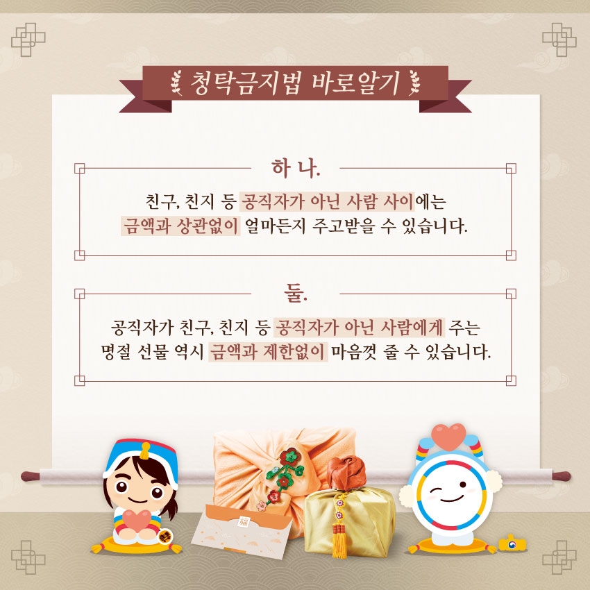 청탁금지법 바로 알기 하나. 친구친지등 공직자가 아닌 사람사이에는 금액과 상관없이 얼마든지 주고 받을 수 있습니다. 둘. 공직자가 친구친지등 공직자가 아닌 사람에게 주는 명절 선물 역시 금액과 제한없이 마음껏 줄 수 있습니다.