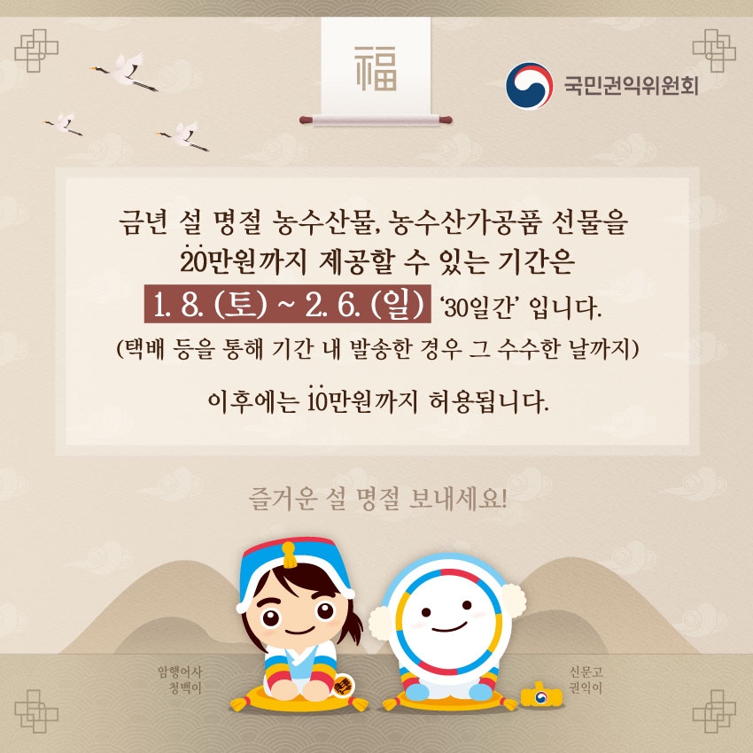 금년 설명절 농수산물,농수산가공품 선물을 20만원까지 제공할 수 있는 기간은 1.8(토) ~2.6(일) 30일간입니다. (택배 등을 통해 기간 내 발송한 경우 그 수수한 날까지) 이후 10만원까지 허용됩니다. 즐거운 설명절 보내세요. 국민권익위원회