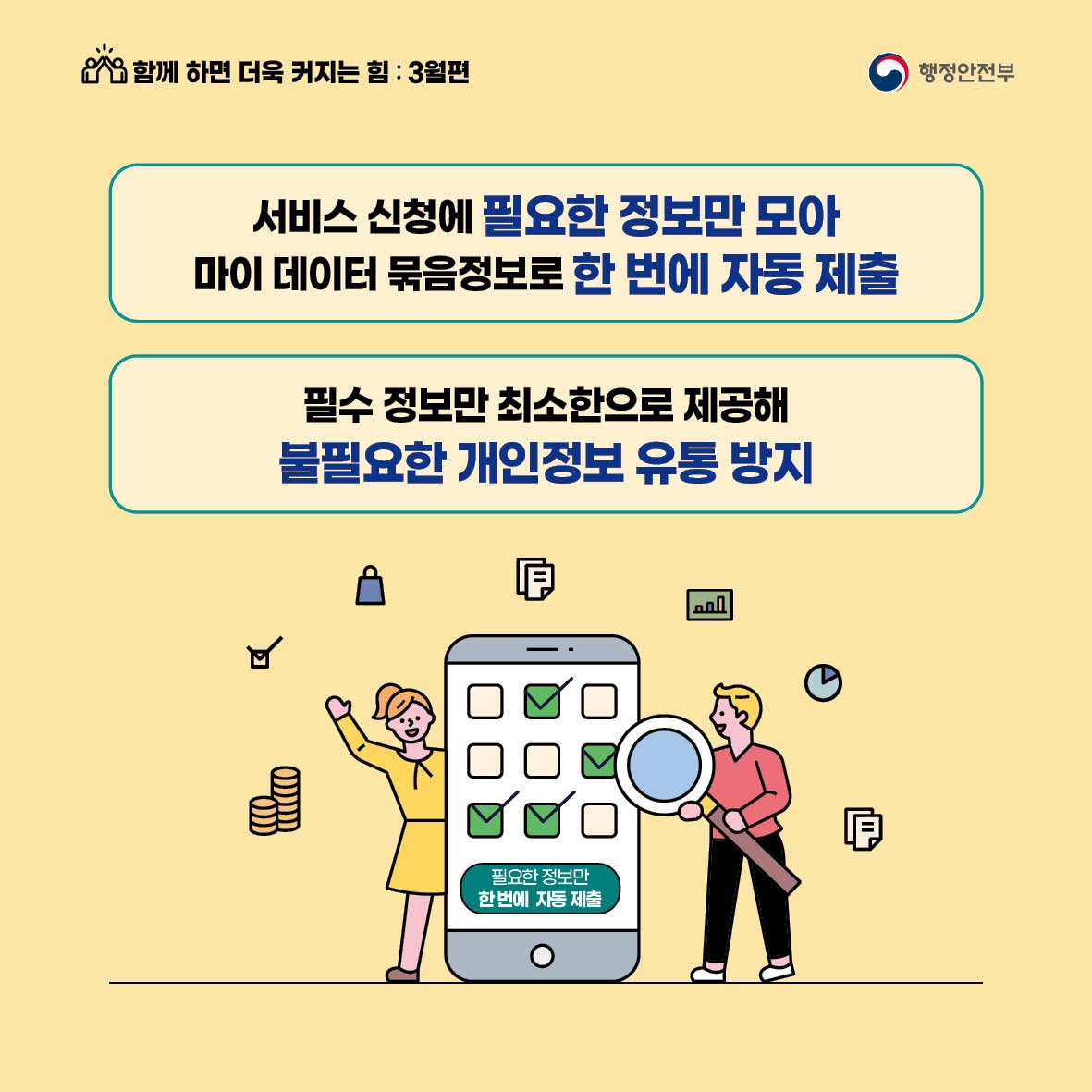 함께하면 더욱 커지는 힘 3월편 서비스신청에 필요한 정보만 모아 마이데이터 묶음정보로 한번에 자동 제출 필수정보만 최소한으로 제공해 불필요한 개인정보 유통 방지