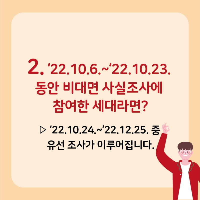 ㅈ. 22.10.6~22.10.23 동안 비대면 사실조사에 참여한 세대라면? 22.10.24~22.12.25 중 유선조사가 이루어집니다.