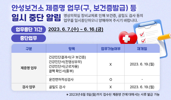 안성보건소 제증명 업무(구, 보건증발급) 등 일시 중단 알림 영상의학실 장비교체로 인해 보건증, 골밀도 검사 등의 업무를 일시중단하오니 양해하여 주시기 바랍니다. 업무중단 기간: 2023. 6. 7.(수) ~ 6. 16.(금) 중단업무 제증명 업무 - 건강진단결과서(구 보건증), 건강진단서(전염성유무), 건강진단서(근로자용), 결핵 확인서(흉부), 운전면허적성검사 업무불가 / 재개일 : 2023. 6. 19.(월) - 운전면허적성검사 업무가능 검사 업무 - 골밀도 검사 업무불가 / 재개일 : 2023. 6. 19.(월) ※ 2023년 6월 5일(월)까지 접수된 제증명 건에 대해서는 서류 발급 가능