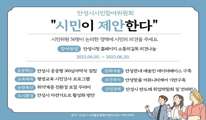 안성시시민참여위원회 &amp;quot;시민이 제안한다&amp;quot; - 시민위원 56명이 논의한 정책에 시민의 의견을 주세요. - 참여방법 : 안성시청 홈페이지 소통의길목 의견나눔 - 참여기간 : 2023.06.05. ~ 2023.06.20. * 공공혁신 : 안성시 공공형 365심야약국 설립 * 교육체육 : 평생교육 시민강사 프로그램 * 농림축산 : 취약계층 친환경 로컬 꾸러미 * 도시환경 : 안성시 자전거도로 활성화 방안 * 문화예술 : 안성관내 예술인 데이터베이스 구축 * 보건복지 : 안성맞춤 커뮤니티케어 기반 구축 * 산업경제 : 안성시 반도체 취업박람회 및 컨퍼런스 - 문의 : 안성시 시민활동통합지원단(031-678-0782)