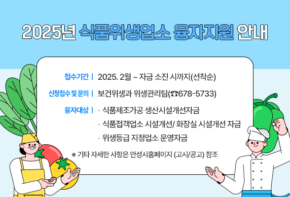2025년 식품위생업소 융자지원 안내 접수기간 : 2025. 2월 ~ 자금 소진 시까지(선착순) 신청접수 및 문의 : 보건위생과 위생관리팀(☎ 678-5733) 융자대상 - 식품제조가공 생산시설개선자금 - 식품접객업소 시설개선/ 화장실 시설개선 자금 - 위생등급 지정업소 운영자금 ※ 기타 자세한 사항은 안성시홈페이지 (고시/공고) 참조 