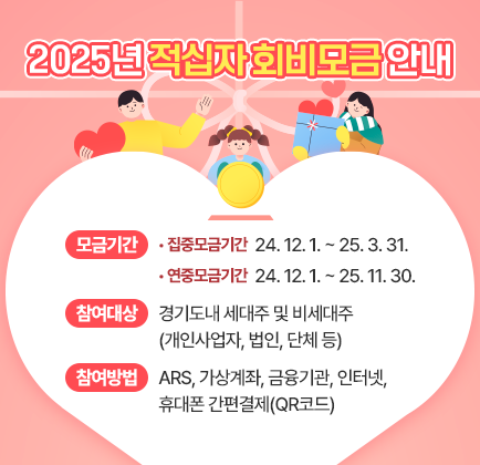 2025년 적십자 회비모금 안내 모금기간: (집중모금기간) 2024.12.1.~2025.3.31. (연중모금기간) 2024.12.1.~2025.11.30. 참여대상: 경기도내 세대주 및 비세대주(개인사업자, 법인, 단체 등) 참여방법: ARS, 가상계좌, 금융기관, 인터넷, 휴대폰 간편결제(QR코드)