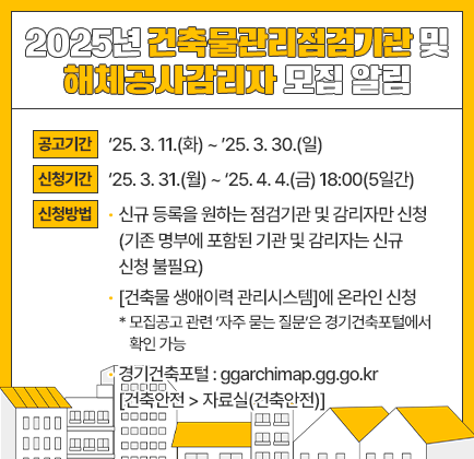 2025년 건축물관리점검기관 및 해체공사감리자 모집 알림 1. 공고기간 - 2025. 3. 11.(화) ~ 2025. 3. 30.(일) 2. 신청기간 - 2025. 3. 31.(월) ~ 2025. 4. 4.(금) 18:00(5일간) 3. 신청방법 - 신규 등록을 원하는 점검기관 및 감리자만 신청(기존 명부에 포함된 기관 및 감리자는 신규 신청 불필요) - [건축물 생애이력 관리시스템]에 온라인 신청 * 모집공고 관련 &lsquo;자주 묻는 질문&rsquo;은 경기건축포털에서 확인 가능 - 경기건축포털 : ggarchimap.gg.go.kr [건축안전 &gt; 자료실(건축안전)]