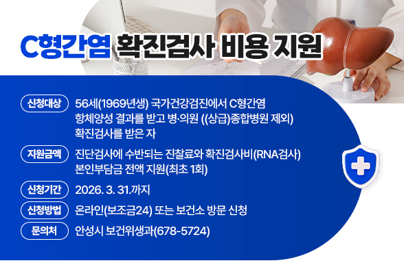 C형간염 확진검사 비용 지원 신청대상 : 56세(1969년생) 국가건강검진에서 C형간염 항체양성 결과를 받고 병&middot;의원 ((상급)종합병원 제외) 확진검사를 받은 자 지원금액 : 진단검사에 수반되는 진찰료와 확진검사비 (RNA검사)본인부담금 전액 지원(최초 1회) 신청기간 : 2026. 3. 31.까지 신청방법 : 온라인(보조금24) 또는 보건소 방문 신청 안성시 보건위생과 (☏ 678-5724)