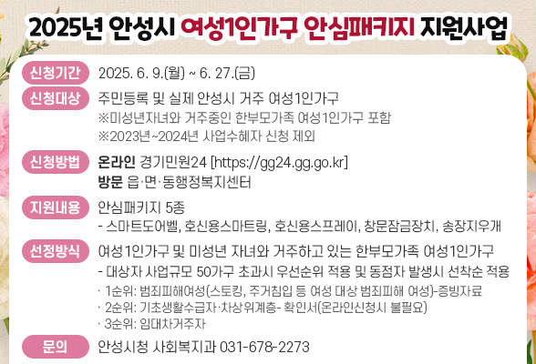 2025년 안성시 여성1인가구 안심패키지 지원사업 □ 신청기간: 2025. 6. 9.(월) ~ 6. 27.(금) □ 신청대상: 주민등록 및 실제 안성시 거주 여성1인가구 ※미성년자녀와 거주중인 한부모가족 여성1인가구 포함 ※2023년~2024년 사업수혜자 신청 제외 □ 신청방법: 온라인 : 경기민원24 [https://gg24.gg.go.kr] 방문 : 읍&middot;면&middot;동행정복지센터 □ 지원내용: 안심패키지 5종 - 스마트도어벨, 호신용스마트링, 호신용스프레이, 창문잠금장치,송장지우개 □ 선정방식: 여성1인가구 및 미성년자녀와 거주하고 있는 한부모가족 여성1인가구 《대상자 사업규모 50가구 초과시 우선순위 적용 및 동점자 발생시 선착순 적용》 - 우선순위자 &middot; 1순위: 범죄피해여성(스토킹, 주거침입 등 여성 대상 범죄피해 여성)-증빙자료 &middot; 2순위: 기초생활수급자&middot;차상위계층- 확인서(온라인신청시 불필요) &middot; 3순위: 임대차거주자