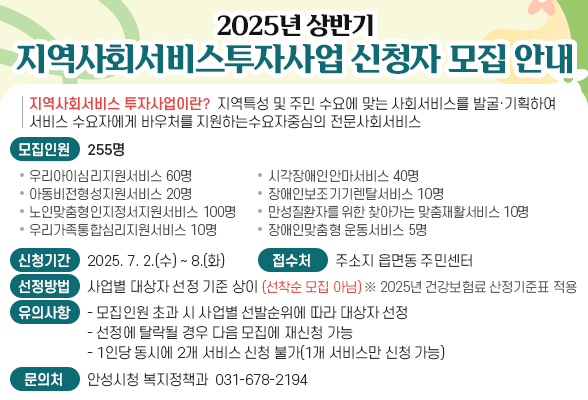 2025년 상반기 지역사회서비스투자사업 신청자 모집 안내 □ 지역사회서비스투자사업이란? - 지역특성 및 주민 수요에 맞는 사회서비스를 발굴&middot;기획하여 서비스 수요자에게 바우처를 지원하는 수요자 중심의 전문사회서비스 □ 모집인원: 255명 ❍ 우리아이심리지원서비스: 60명 ❍ 아동비전형성지원서비스: 20명 ❍ 노인맞춤형인지정서지원서비스: 100명 ❍ 우리가족통합심리지원서비스: 10명 ❍ 시각장애인안마서비스: 40명 ❍ 장애인보조기기렌탈서비스: 10명 ❍ 만성질환자를 위한 찾아가는 맞춤재활서비스: 10명 ❍ 장애인맞춤형 운동서비스: 5명 □ 신청기간: 2025. 7. 2.(수) ~ 7. 8.(화) □ 접 수 처: 주소지 읍․면․동주민센터 □ 선정방법: 사업별 대상자 선정 기준 상이(선착순 모집 아님) (※ 2025년 건강보험료 산정기준표 적용) □ 유의사항 - 모집인원 초과 시 사업별 선발순위에 따라 대상자가 선정 - 선정에 탈락될 경우 다음 모집에 재신청하여야 함 - 1인당 동시에 2개 서비스 신청 불가(1개 서비스만 신청가능) □ 문 의 처 : 안성시청 복지정책과(☏ 031-678-2194)