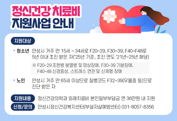 정신건강 치료비 지원사업 안내 ○ 지원대상 - 청(소)년 : 안성시 거주 만 15세 ~ 34세로 F20~29, F30~39, F40~F48로 5년 이내 초진 받은 자(&#39;25년 기준, 초진 연도 &#39;21년~25년 해당) ※ F20~29 조현병 분열병 및 망상장애, F30~39 기분장애, F40~48 신경증성, 스트레스 연관 및 신체형 장애 - 노인 : 안성시 거주 만 65세 이상으로 질병코드 F32~39(우울증 등)으로 진단 받은 자 ○ 지원내용 : 정신건강의학과 외래치료비 본인일부부담금 연 36만원 내 지원 ○ 신청 및 문의: 안성시정신건강복지센터(부설자살예방센터) 031-8057-8356