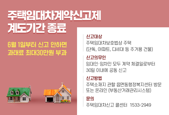 주택임대차계약신고제 계도기간 종료 6월 1일부터 신고 안하면 과태료 최대30만원 부과 ○ 신고대상: 주택임대차보호법상 주택(단독, 아파트, 다세대 등 주거용 건물) - 금액: 보증금 6천만원 초과 또는 월차임(월세) 30만원 초과 ○ 신고의무인: 임대인&middot;임차인 모두 계약 체결일로부터 30일 이내에 공동 신고 ○ 신고방법: 주택소재지 관할 읍면동행정복지센터 방문 또는 온라인(부동산거래관리시스템) ○ 문의: 주택임대차신고 콜센터 ☏ 1533-2949