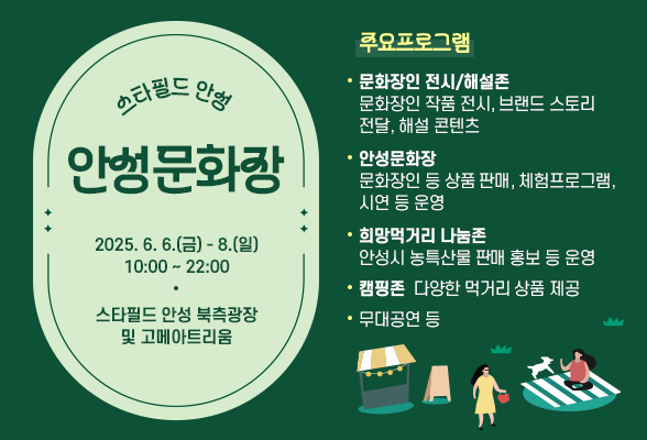 스타필드 안성_안성문화장 □ 행사개요 ○ 행사일시: 2025. 6. 6.(금) ~ 6. 8.(일) 10:00~22:00 ○ 행사장소: 스타필드 안성 북측광장 및 고메아트리움 □ 행사 주요프로그램 ○ 문화장인 전시/해설존: 문화장인 작품 전시, 브랜드 스토리 전달, 해설 콘텐츠 ○ 안성문화장: 문화장인 등 상품 판매, 체험 프로그램, 시연 등 운영 ○ 희망 먹거리 나눔존: 안성시 농특산물 판매 홍보 등 운영 ○ 캠핑존: 다양한 먹거리 상품 제공 ○ 무대공연 등