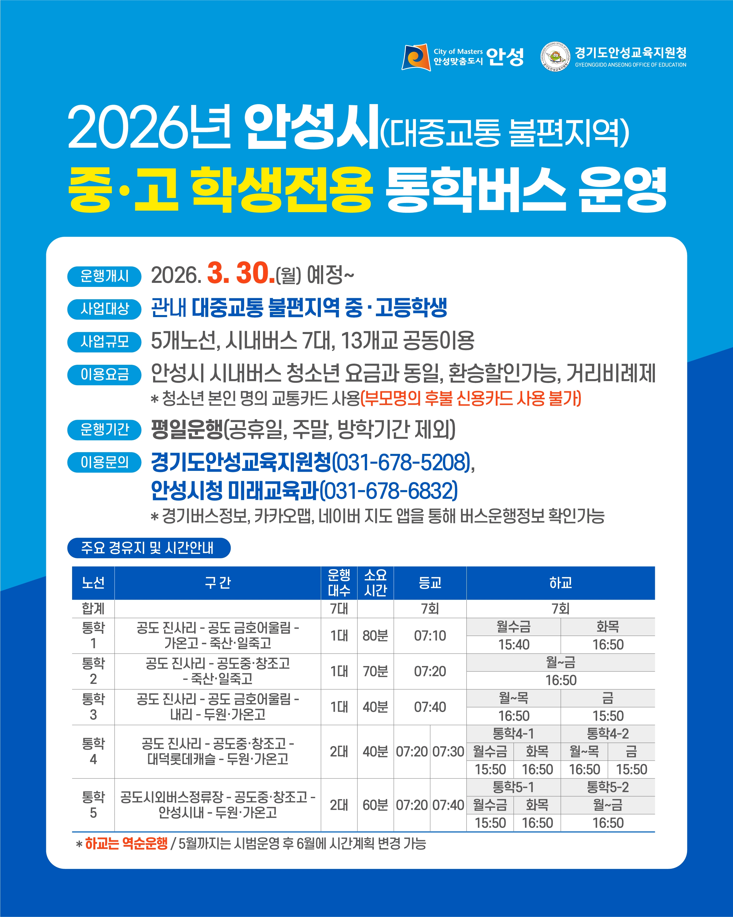 2026년 안성시 대중교통 불편지역 중고학생 전용 통학버스 운영