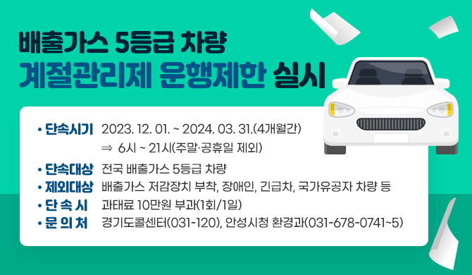 배출가스 5등급 차량 계절관리제 운행제한 실시 ○ 단속시기 : 2023. 12. 01. ~ 2024. 03. 31.(4개월간)&rArr; 6시 ~ 21시(주말&middot;공휴일 제외) ○ 단속대상 : 전국 배출가스 5등급 차량 ○ 제외대상 : 배출가스 저감장치 부착, 장애인, 긴급차, 국가유공자 차량 등 ○ 단 속 시 : 과태료 10만원 부과(1회/1일) ○ 문 의 처 : 경기도콜센터(031-120), 안성시청 환경과(031-678-0741~5)