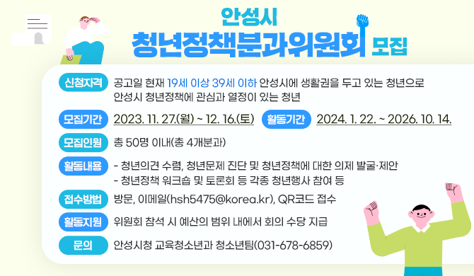 안성시 청년정책분과위원회 모집 ▶ 신청자격: 공고일 현재 19세 이상 39세 이하 안성시에 생활권을 두고 있는 청년으로 안성시 청년정책에 관심과 열정이 있는 청년 ▶ 모집기간: 2023. 11. 27.(월) ~ 12. 16.(토) ▶ 모집인원: 총 50명 이내(총 4개분과) ▶ 활동기간: 2024년 1월 22일 ~ 2026년 10월 14일 ▶ 활동내용 - 청년의견 수렴, 청년문제 진단 및 청년정책에 대한 의제 발굴&amp;middot;제안 - 청년정책 워크숍 및 토론회 등 각종 청년행사 참여 등 ▶ 활동지원: 위원회 참석 시 예산의 범위 내에서 회의 수당 지급 ▶ 접수방법: 방문, 이메일(hsh5475@korea.kr), QR코드 접수 ▶ 문 의: 안성시청 교육청소년과 청소년팀(031-678-6859) 