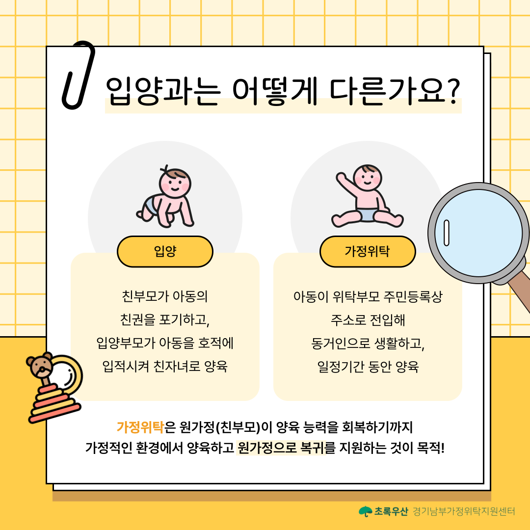 그렇다면, 입양과는 어떻게 다른가요?  가정위탁과 입양은 모두 아동의 보호와 양육을 위한 제도이지만, 목적과 형태에서 차이가 있습니다.