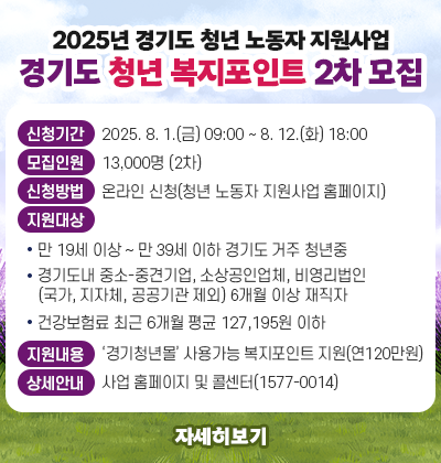 - 2025년 경기도 청년 노동자 지원사업 - 경기도 「청년 복지포인트」 2차 모집 ○ 신청기간 : 2025. 8. 1.(금) 09:00 ~ 8. 12.(화) 18:00 ○ 모집인원 : 13,000명 (2차) ○ 신청방법 : 온라인 신청(청년 노동자 지원사업 홈페이지) ○ 지원대상 :   - 만 19세 이상 ~ 만 39세 이하 경기도 거주 청년중  - 경기도내 중소-중견기업, 소상공인업체, 비영리법인(국가, 지자체, 공공기관 제외) 6개월 이상 재직자  - 건강보험료 최근 6개월 평균 127,195원 이하 ○ 지원내용 : &lsquo;경기청년몰&rsquo; 사용가능 복지포인트 지원(연120만원) ○ 상세안내 : 사업 홈페이지 및 콜센터(1577-0014)
