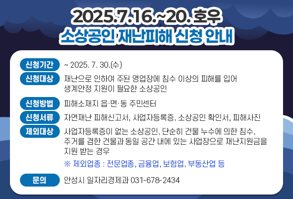 2025.7.16.~20. 호우 소상공인 재난피해 신청 안내 ❍ 신청기간 : ~ 2025. 7. 30.(수) ❍ 신청대상 : 재난으로 인하여 주된 영업장에 침수 이상의 피해를 입어 생계안정 지원이 필요한 소상공인 ❍ 신청방법 : 피해소재지 읍&middot;면&middot;동 주민센터 ❍ 신청서류 : 자연재난 피해신고서, 사업자등록증, 소상공인 확인서, 피해사진 ❍ 제외대상 : 사업자등록증이 없는 소상공인, 단순히 건물 누수에 의한 침수, 주거를 겸한 건물과 동일 공간 내에 있는 사업장으로 재난지원 금을 지원 받는 경우 ※제외업종 : 전문업종, 금융업, 보험업, 부동산업 등 ❍ 문의 : 안 성 시(일자리경제과 ☏ 678-2434)