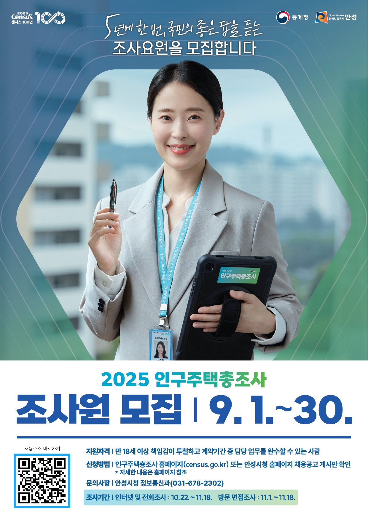 2025 인구주택총조사 모집기간 : 9. 1. ~ 30. 지원자격 : 18세 이상 책임감이 투철하며 태블릿PC 등 스마트기기 사용에 이상이 없는 자 문의사항 : 031-678-2302