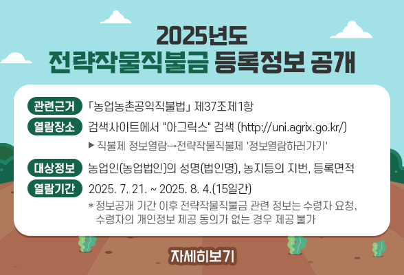 2025년도 전략작물직불금 등록정보 공개 ◎ 관련근거 : 「농업농촌공익직불법」 제37조제1항 ◎ 열람장소 : http://uni.agrix.go.kr/(검색사이트에서 &quot;아그릭스&quot; 검색) * 검색경로 : 직불제 정보열람&rarr;전략작물직불제&#39;정보열람하러가기&#39; ◎ 대상정보 : 농업인(농업법인)의 성명(법인명), 농지등의 지번, 등록면적 ◎ 열람기간 : 2025. 7. 21. ~ 2025. 8. 4.(15일간) * 정보공개 기간 이후 전략작물직불금 관련 정보는 수령자 요청, 수령자의 개인정보 제공 동의가 없는 경우 제공 불가