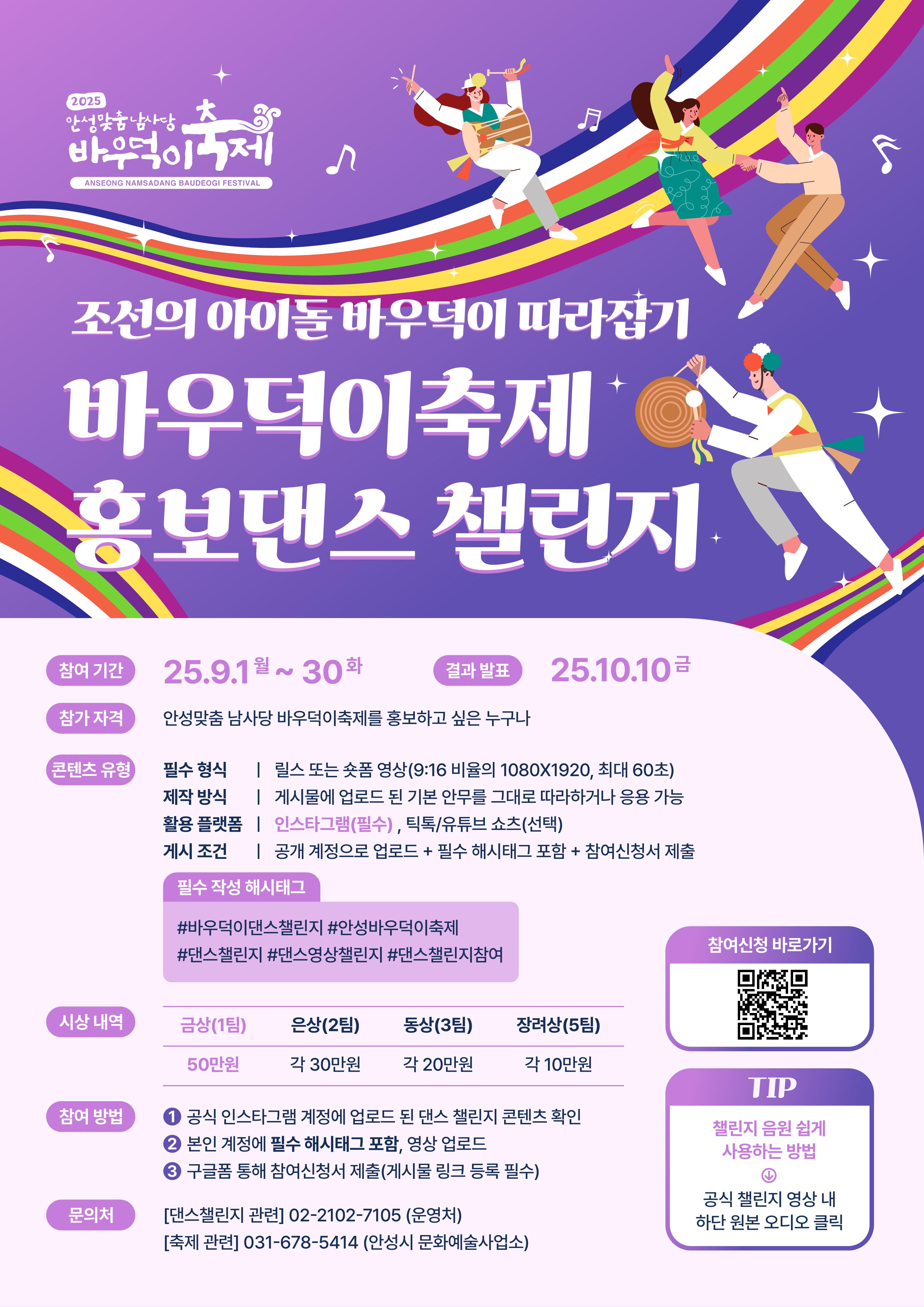 조선의 아이돌 바우덕이 따라잡기 바우덕이축제 홍보댄스 챌린지 ㅇ 참가기간: 2025. 9. 1.(월) ~ 9.30.(화) ㅇ 참가자격: 바우덕이축제를 홍보하고 싶은 누구나 ㅇ 참가방법 - 본인 소유의 유튜브, 인스타그램, 틱톡에 업로드 - 필수 해시테그(바우덕이댄스챌린지, 안성바우덕이축제 등) 포함 - 포스터 QR 참여신청서 온라인 제출 ㅇ 콘텐츠 제작 및 배포 - 공식 홍보 영상은 동아방송예술대학교 KPOP학과에서 제작 - 챌린지 콘텐츠는 바우덕이축제 공식 인스타그램 계정에 업로드