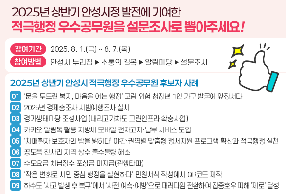 2025년 상반기 안성시정 발전에 기여한 적극행정 우수공무원을 설문조사로 뽑아주세요! 〇 참여기간: 2025. 8. 1.(금) ~ 8. 7.(목) 〇 참여방법: 안성시 누리집 &rarr; 소통의 길목 &rarr; 알림마당 &rarr; 설문조사 〇 2025년 상반기 안성시 적극행정 우수공무원 후보자 사례 ① &lsquo;문을 두드린 복지, 마음을 여는 행정&rsquo; 고립 위험 청장년 1인 가구 발굴에 앞장서다 ② 2025년 경제총조사 시범예행조사 실시 ③ 경기생태마당 조성사업(내리고가차도 그린인프라 확충사업) ④ 카카오 알림톡 활용 지방세 모바일 전자고지&middot;납부 서비스 도입 ⑤ &lsquo;치매환자 보호자의 밤을 밝히다&rsquo; 야간&middot;권역별 맞춤형 정서지원 프로그램 확산과 적극행정 실천 ⑥ 공도읍 진사리 지역 상수 출수불량 해소 ⑦ 수도요금 체납징수 포상금 미지급(관행타파) ⑧ &lsquo;작은 변화로 시민 중심 행정을 실현하다&rsquo; 민원서식 작성예시 QR코드 제작 ⑨ 하수도 &lsquo;사고 발생 후 복구&rsquo;에서 &lsquo;사전 예측&middot;예방&rsquo;으로 패러다임 전환하여 집중호우 피해 &lsquo;제로&rsquo; 달성