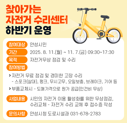 안성시 찾아가는 자전거 수리센터 하반기 운영 ▶ 참여대상: 안성시민 ▶ 기 간: 2025. 8. 11.(월) ~ 2025. 11. 7.(금) 09:30~17:30 ▶ 목 적: 자전거 무상 점검 및 수리 ▶ 참여방법: 1. 자전거 무료 점검 및 경미한 고장 수리 - 스포크(살대), 펑크, 무시고무, 오일보충, 브레이크, 기어 등 2. 부품교체시 - 도매가격으로 원가 공급(인건비 무상) ▶ 사업내용: 시민의 자전거 이용 활성화를 위한 무상점검, 수리교체 - 자전거 수리 교체 후 접수증 작성 ▶ 문의사항: 안성시청 도로시설과(☎031-678-2783)