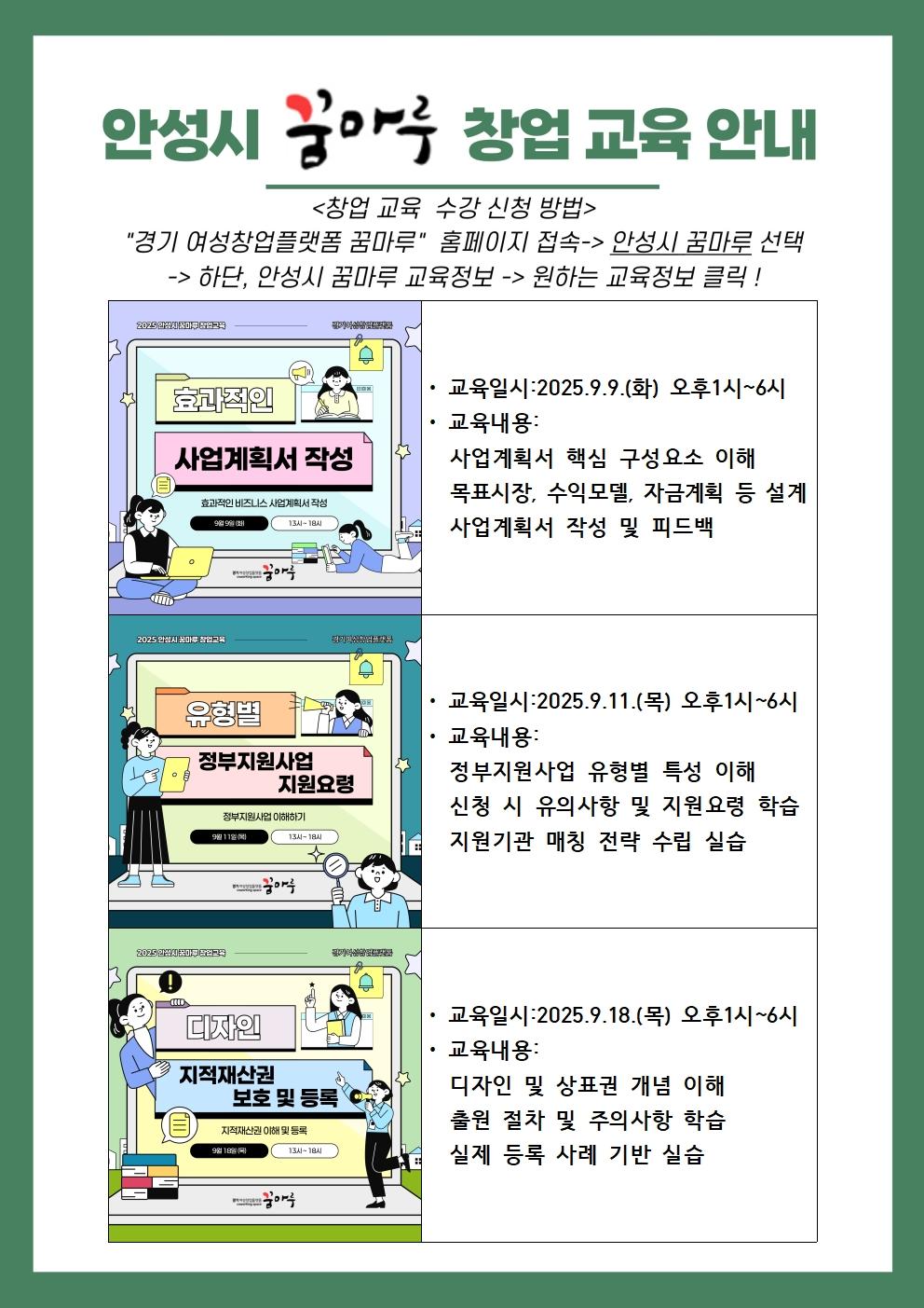 경기 여성창업플랫폼 꿈마루 홈페이지 접속 -&gt;안성시 꿈마루 선택 -&gt;하단, 안성시 꿈마루 교육정보 -&gt; 원하는 교육정보 클릭