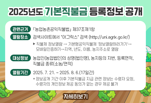 2025년도 기본직불금 등록정보 공개 ◎ 관련근거 : 「농업농촌공익직불법」 제37조제1항 ◎ 열람장소 : http://uni.agrix.go.kr/(검색사이트에서 &quot;아그릭스&quot; 검색) * 검색경로 : 직불제 정보열람&rarr;기본형공익직불제&#39;정보열람하러가기&#39;&rarr; 모바일인증하기&rarr;지역, 년도, 이름, 농지주소로 열람 ◎ 대상정보 : 농업인(농업법인)의 성명(법인명), 농지등의 지번, 등록면적, 직불금 종류(소농/면적) ◎ 열람기간 : 2025. 7. 21. ~ 2025. 8. 6.(17일간) * 정보공개 기간 이후 기본직불금 지급 관련 정보는 수령자 요청, 수령자의 개인정보 제공 동의가 없는 경우 제공 불가