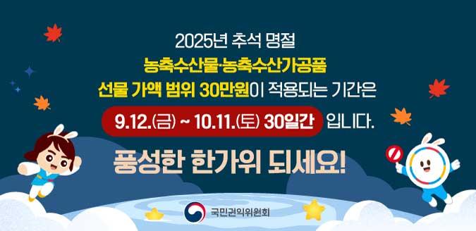○ 공직자에게 원활한 직무수행 또는 사교&middot;의례 목적으로 제공되는 선물은 5만원, 농수산물 및 농수산가공품 선물은 15만원까지 가능. 다만, 명절기간*에 한정하여 농수산물 및 농수 산가공품 선물은 30만원까지 허용