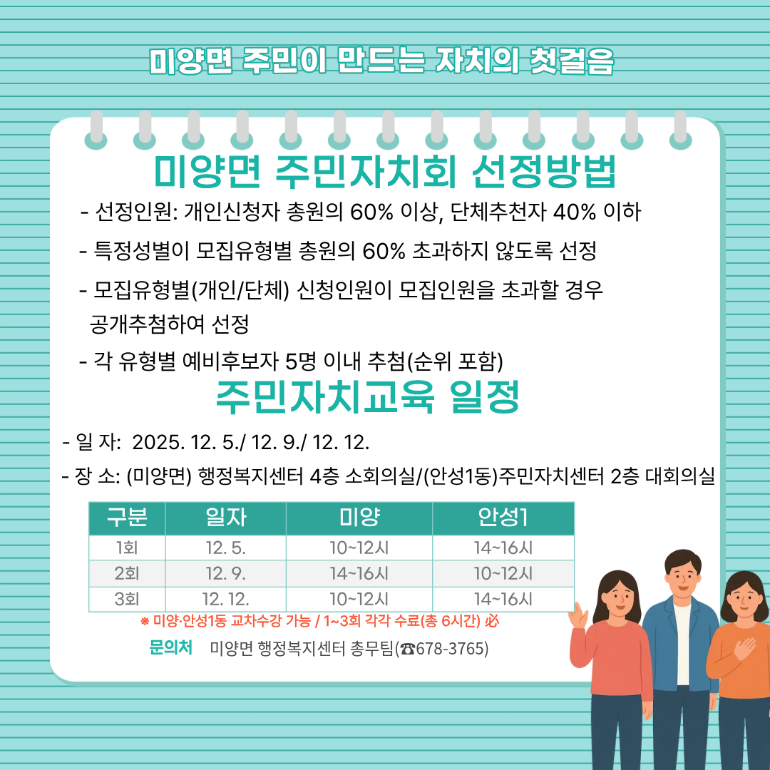 미양면 주민자치회 위원 선정방법    - 선정인원: 개인신청자 총원의 60% 이상, 단체추천자 40% 이하    - 특정성별이 모집유형별 총원의 60% 초과하지 않도록 선정    - 모집유형별(개인/단체) 신청인원이 모집인원을 초과할 경우 공개추첨하여 선정    - 각 유형별 예비후보자 5명 이내 추첨(순위 포함) 주민자치교육 일정     - 일   자: 2025. 12. 5. / 12. 9. / 12. 12.     - 교육장소: (미양면) 행정복지센터 4층 소회의실                 (안성1동) 주민자치센터 2층 대회의실