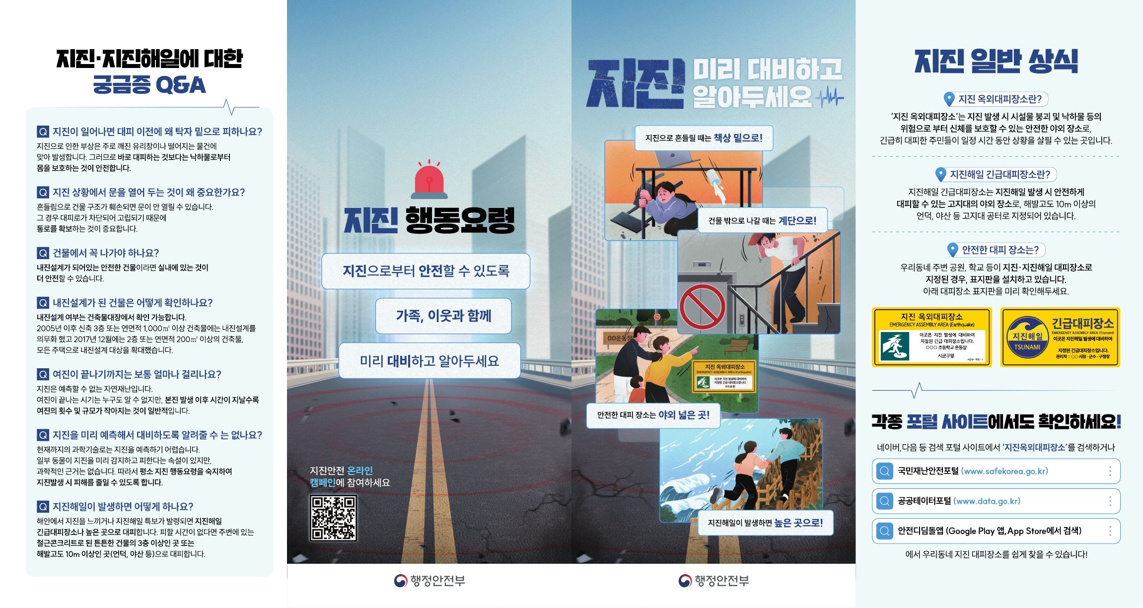지진·지진해일에 대한 궁금증 Q&A   지진이 일어나면 대피 이전에 왜 탁자 밑으로 피하나요? 지진으로 인한 부상은 주로 깨진 유리창이나 떨어지는 물건에 맞아 발생합니다. 그러므로 바로 대피하는 것보다는 낙하물로부터 몸을 보호하는 것이 안전합니다.  지진 상황에서 문을 열어 두는 것이 왜 중요한가요? 흔들림으로 건물 구조가 훼손되면 문이 안 열릴 수 있습니다. 그 경우 대피로가 차단되어 고립되기 때문에 통로를 확보하는 것이 중요합니다.  건물에서 꼭 나가야 하나요? 내진설계가 되어있는 안전한 건물이라면 실내에 있는 것이 더 안전할 수 있습니다.  내진설계가 된 건물은 어떻게 확인하나요? 내진설계 여부는 건축물대장에서 확인 가능합니다. 2005년 이후 신축 3층 또는 연면적 1,000m2 이상 건축물에는 내진설계를 의무화 했고 2017년 12월에는 2층 또는 연면적 200m2 이상의 건축물, 모든 주택으로 내진설계 대상을 확대했습니다.