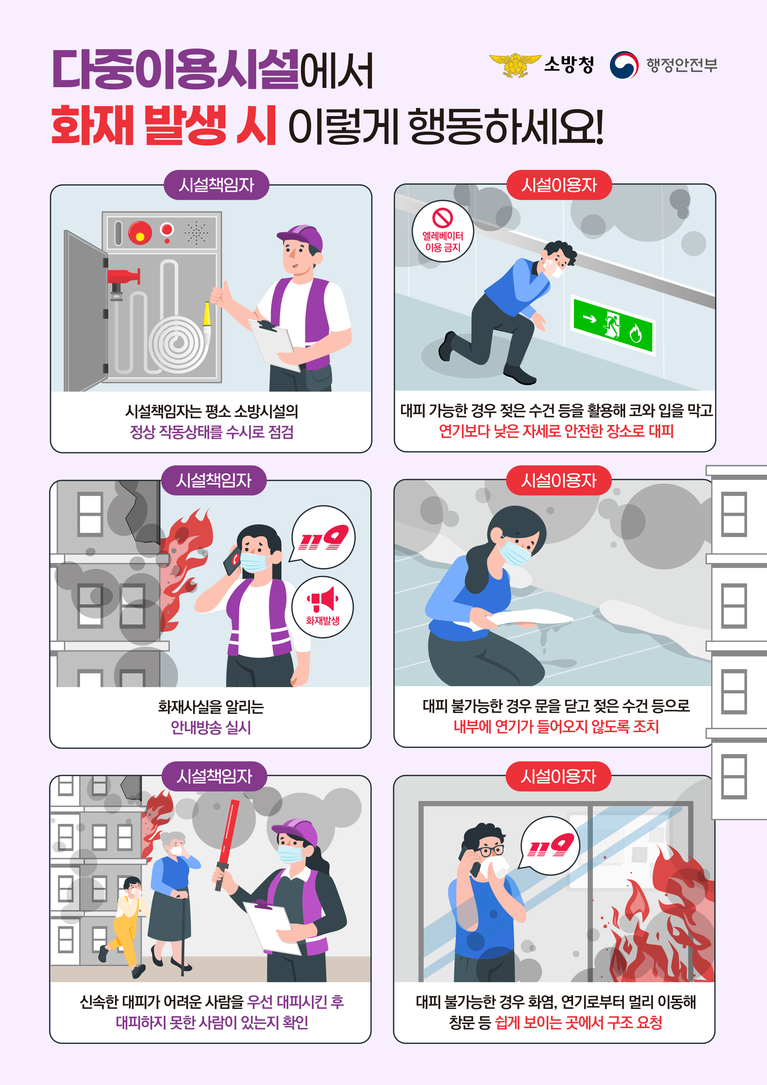 다중이용시설에서 화재 발생 시 이렇게 행동하세요!  시설책임자 시설책임자는 평소 소방시설의 정상 작동상태를 수시로 점검   시설이용자 얼레베이터 이용 금지 대피 가능한 경우 젖은 수건 등을 활용해 코와 입을 막고 연기보다 낮은 자세로 안전한 장소로 대피   시설책임자 화재사실을 알리는 안내방송 실시  시설이용자 대피 불가능한 경우 문을 닫고 젖은 수건 등으로 내부에 연기가 들어오지 않도록 조치  시설책임자 신속한 대피가 어려운 사람을 우선 대피시킨 후 대피하지 못한 사람이 있는지 확인  시설이용자 대피 불가능한 경우 화염, 연기로부터 멀리 이동해 창문 등 쉽게 보이는 곳에서 구조 요청