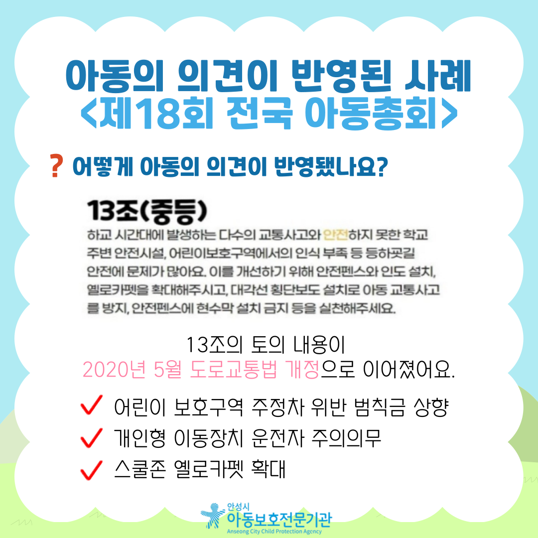 어떻게 아동의 의견이 반영됐나요? 13조의 토의 내용이 2020년 5월 도로교통법 개정으로 이어졌어요. 어린이 보호구역 주정차 위반 범칙금 상향, 개인형 이동장치 운전자 주의의무, 스쿨존 옐로카펫 확대