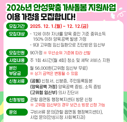 2026년 안성맞춤 가사돌봄 지원사업 이용 가정을 모집합니다! ○ 모집기간: 2025. 12. 1.(월) ~ 12. 12.(금) ○ 모집대상 &ndash; 12세 이하 자녀를 양육 중인 기준 중위소득 150% 이하 양육공백 발생 가정 - 19대 고위험 임신질환으로 진단받은 임신부 ○ 모집인원: 90가정 ※ 우선순위 기준에 따라 선발 ○ 사업내용: 주 1회 4시간(월 4회) 청소 및 세탁 서비스 지원 ○ 본인부담금: 월 56,000원(고위험 임신부 무료) ※ 상기 금액은 변동될 수 있음 ○ 신청서류: - (공통) 신청서, 신분증, 주민등록등본 - (양육공백 가정) 양육공백 증빙, 소득 증빙 - (고위험 임신부) 의사 진단서 ○ 신청방법: 관할 읍면동 행정복지센터 방문 신청 ※고위험 임신부의 경우 보건소 방문 신청 가능 ○ 문 의: 구비서류 문의(관할 읍면동 행정복지센터), 사업 문의(안성시청 사회복지과)