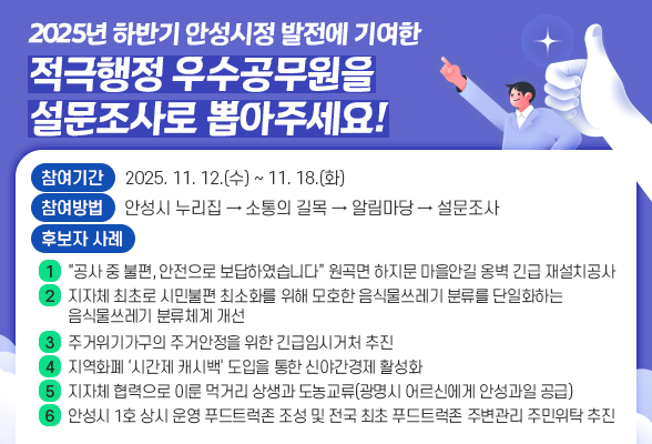 2025년 하반기 안성시정 발전에 기여한 적극행정 우수공무원을 설문조사로 뽑아주세요! 〇 참여기간: 2025. 11. 12.(수) ~ 11. 18.(화) 〇 참여방법: 안성시 누리집 &rarr; 소통의 길목 &rarr; 알림마당 &rarr; 설문조사 〇 2025년 하반기 안성시 적극행정 우수공무원 후보자 사례 1. &ldquo;공사 중 불편, 안전으로 보답하였습니다&rdquo; 원곡면 하지문 마을안길 옹벽 긴급 재설치공사 2. 지자체 최초로 시민불편 최소화를 위해 모호한 음식물쓰레기 분류를 단일화하는 음식물쓰레기 분류체계 개선 3. 주거위기가구의 주거안정을 위한 긴급임시거처 추진 4. 지역화폐 &lsquo;시간제 캐시백&rsquo; 도입을 통한 신야간경제 활성화 5. 지자체 협력으로 이룬 먹거리 상생과 도농교류(광명시 어르신에게 안성과일 공급) 6. 안성시 1호 상시 운영 푸드트럭존 조성 및 전국 최초 푸드트럭존 주변관리 주민위탁 추진