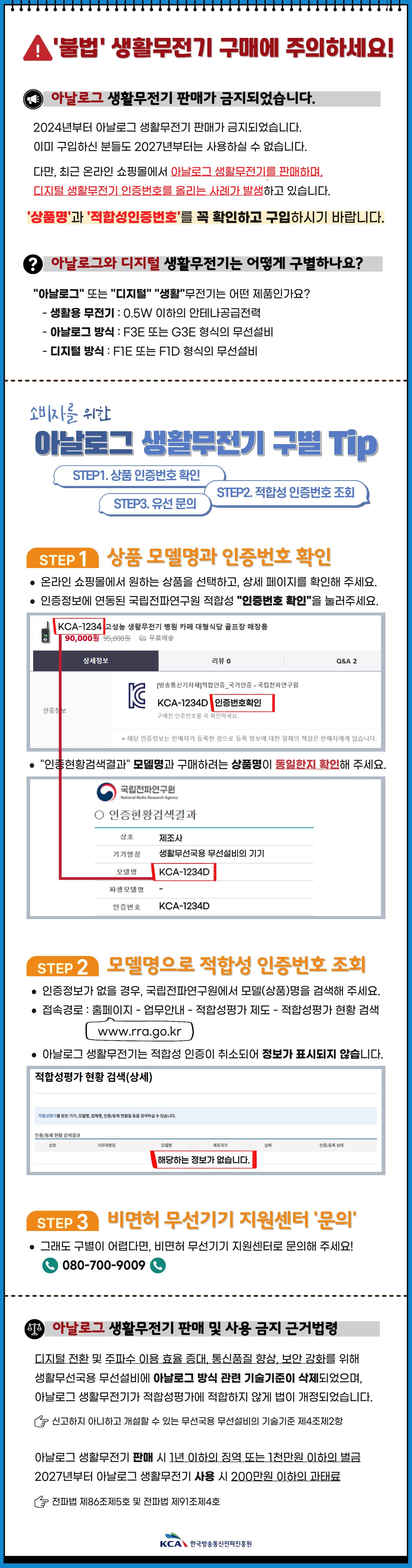 아날로그 생활 무전기 이용 사항 안내  24년부터: 생산, 수입, 판매 금지 27년부터: 기존기기도 사용불가 디지털 생활무전기 구매, 사용권장  비면허 무선기기 지원센터 080-700-9009