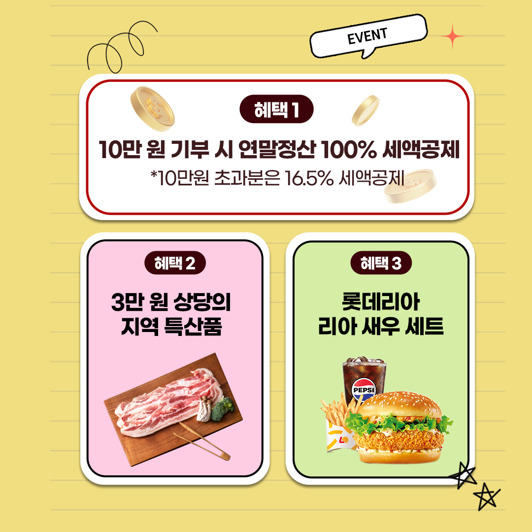 고향사랑기부제 혜택1. 10만원 기부시 연말정산 100% 세액공제(10만원 초과분은 16.5% 세액공제) 혜택2. 3만원 상당의 지역 특산품 혜택3. 롯데리아 리아 새우 세트