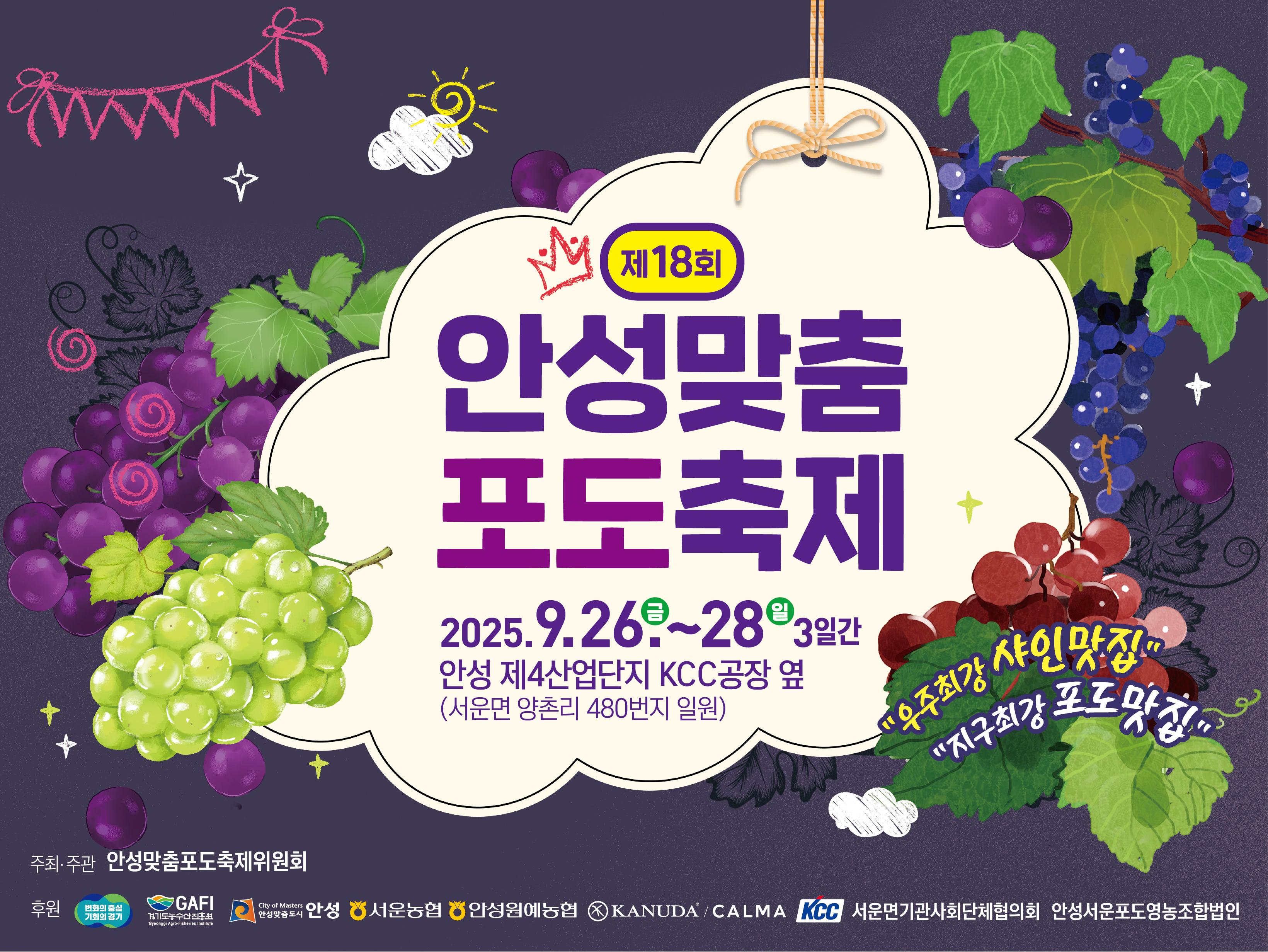 2025년 제18회 안성맞춤 포도축제 &bull; 일 시: 2025. 9. 26.(금) ~ 9. 28.(일) 3일간 &bull; 장 소: 안성제4산단 KCC 공장 옆(서운면 양촌리 480번지 일원) &bull; 주요내용: 안성맞춤포도 판매장, 포도품평회 및 전시, 포도체험프로그램 각종 공연 등