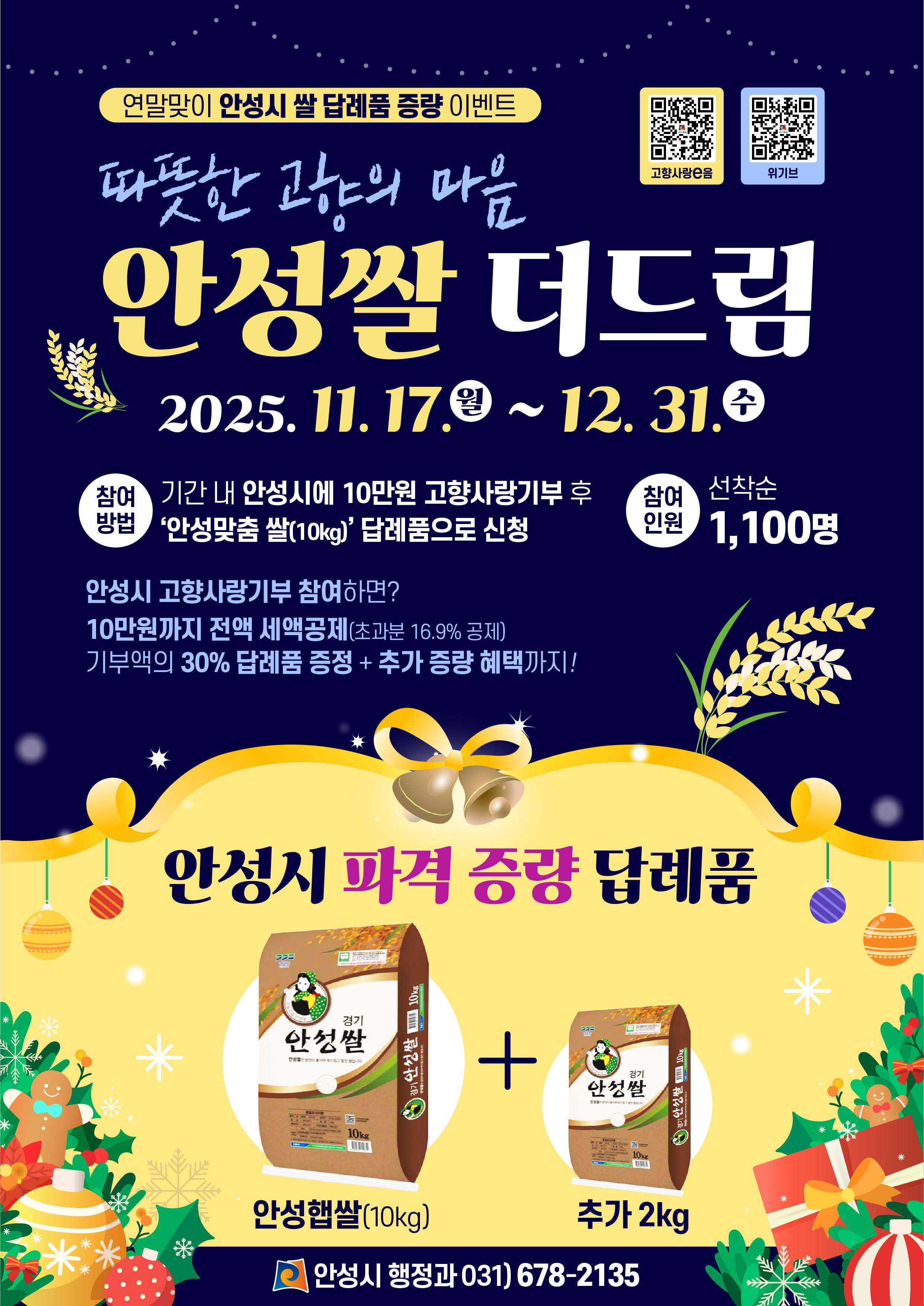 따뜻한 고향의 마음, 안성쌀 더드림 이벤트 ▶ 이벤트기간: 2025. 11. 17.(월) ~ 12. 31.(수) ▶ 참여방법: [경기도-안성시]에 10만원 고향사랑기부 후 &lsquo;안성쌀(10kg)&rsquo;답례품 주문! ▶ 혜 택: 안성쌀(10kg) 주문 시 2kg 추가 증량! 최종 12kg 쌀 수령! ▶ 인 원: 선착순 1,100명 ▶ 문 의: 031-678-2135