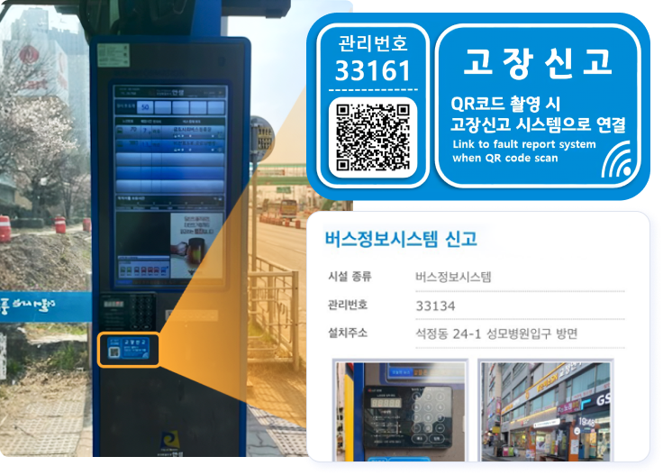 버스정류장 고장신고 안내 이미지입니다. 관리번호 33161(QR코드) 고장신고-QR코드 촬영 시 고장신고 시스템으로 연결 Link to fault report system when QR code scan
버스정보시스템 신고 : 시설종류 버스정보시스템, 관리번호 33134, 설치주소 석정동 24-1 성모병원입구 방면