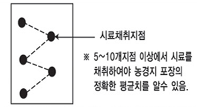 필지 안에 지그재그로 분포한 여러 지점에서 채취하며, 그림에서는 5~10개 지점 이상에서 시료를 채취하도록 안내합니다.