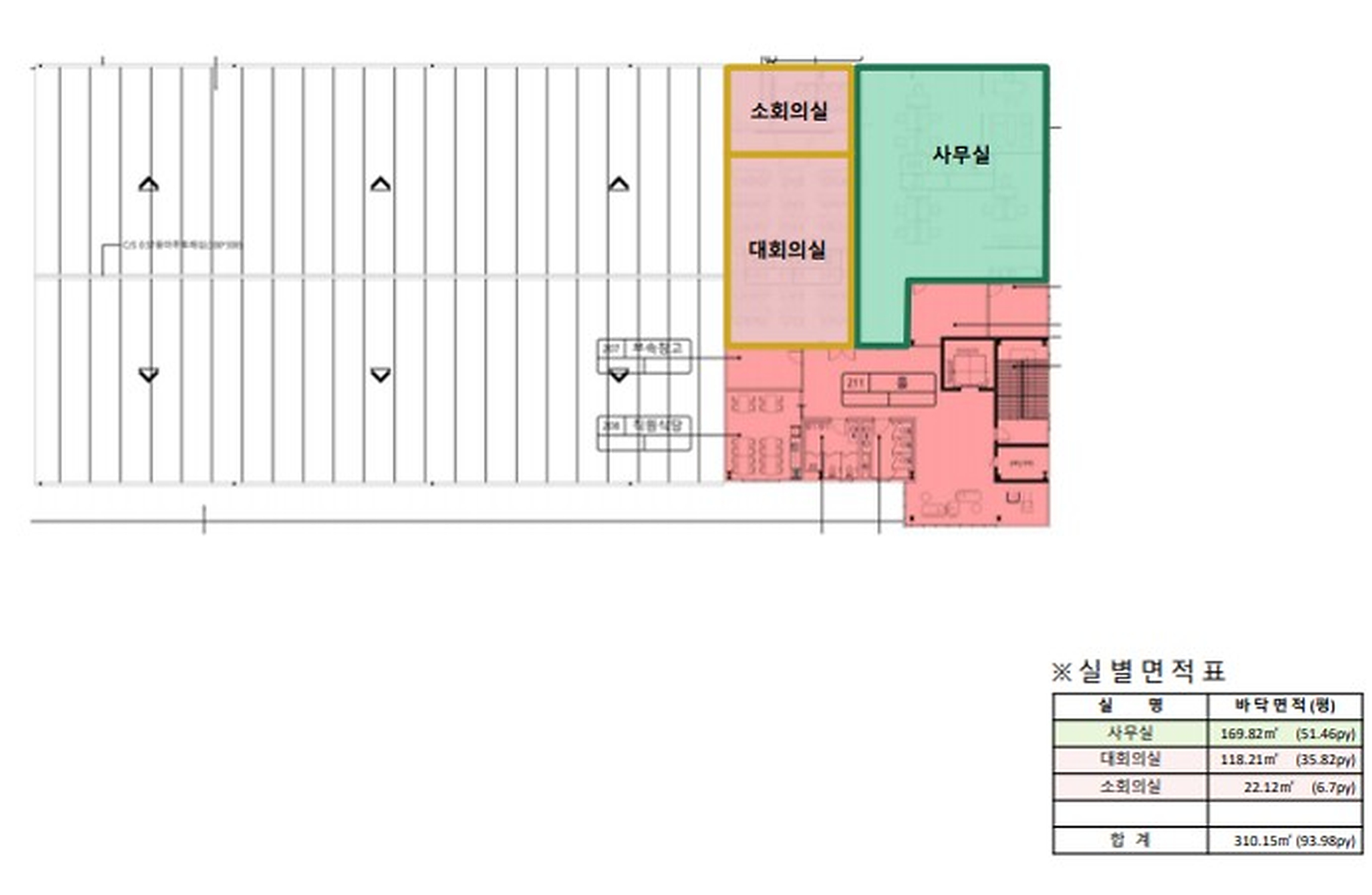 먹거리희망공급소 2층 배치도입니다. 사무실, 대회의실, 소회의실 등으로 구성되어 있습니다.