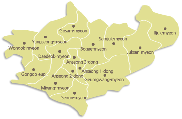 Administrative Districts, Osan, Yongin, Pyeongtaek, Cheonan, Jicheon-gun, Gongdo-eup, Bogae-myeon, Geumgwang-myeon, Seoun-myeon, Miyang-myeon, Daedeok-myeon, Yangseong-myeon, Wongok-myeon, Iljuk-myeon, Juksan-myeon, Samjuk-myeon, Gosam-myeon, Anseong 1-dong, Anseong 2-dong, and Anseong 3-dong